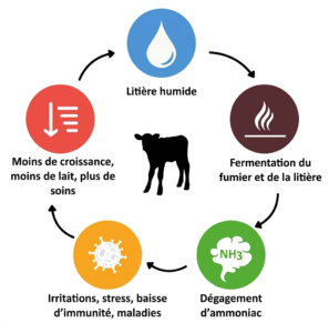 Une odeur d'ammoniac dans un bâtiment n'est jamais anodine. Elle traduit souvent une dégradation avancée de la litière.

Plus la litière est humide, plus cette fermentation est active et plus les dégagements d'ammoniac augmentent.